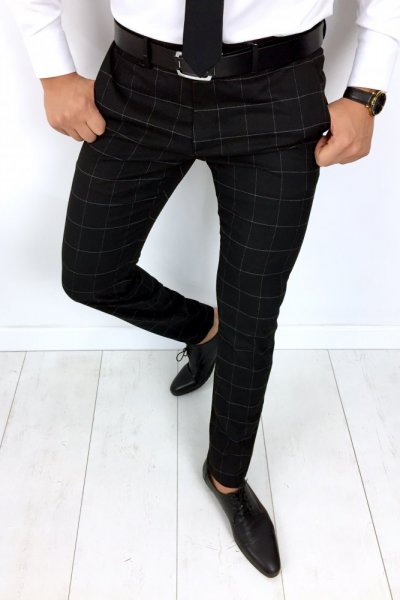 Spodnie męskie czarne w białą kratę H01