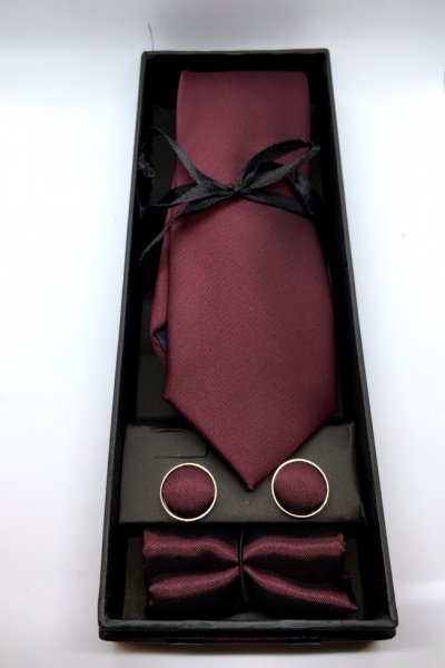 Komplet męski krawat+spinki+ poszetka bordo
