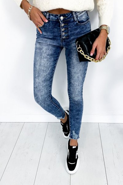 Spodnie jeans skinny z wysokim stanem + guziki - blue
