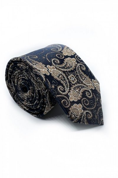 Krawat męski ornament beżowo granatowy H56