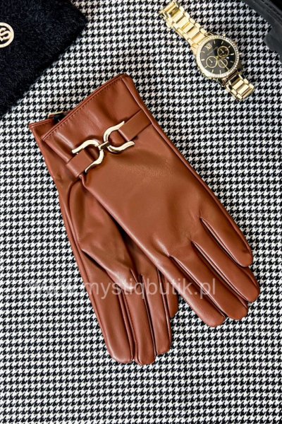 Rękawiczki z eco skóry + złota sprzączka - camel