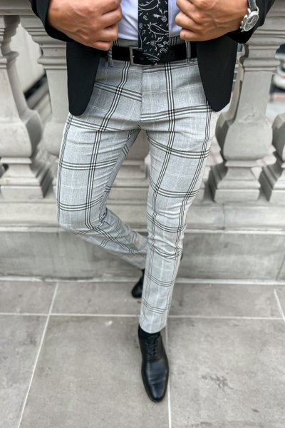 Spodnie męskie materiałowe szare H55 w czarną kratę