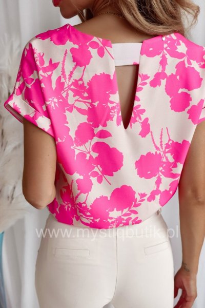 Bluzka w różowe kwiaty - ecru/pink