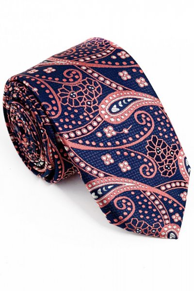 Krawat męski ornamenty+kwiaty - różowo Granatowy
