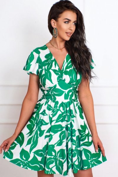 Sukienka Malwina w zielony motyw - ecru/green
