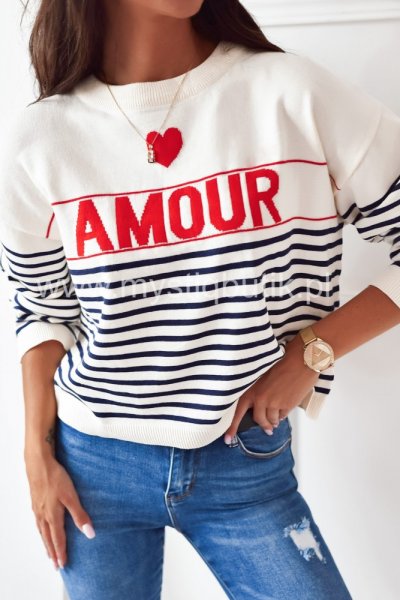 Sweter w paski Amour Heart - ecru/granat