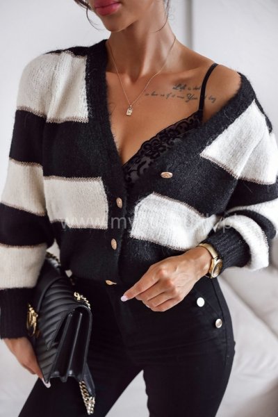 Sweter rozpinany w szerokie pasy - black/ecru