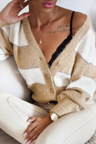 Sweter rozpinany w szerokie pasy - beige/ecru