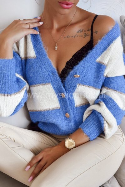 Sweter rozpinany w szerokie pasy - blue/ecru