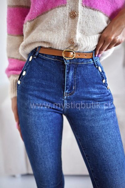 Spodnie jeansowe Skinny + złote guziki + pasek - blue