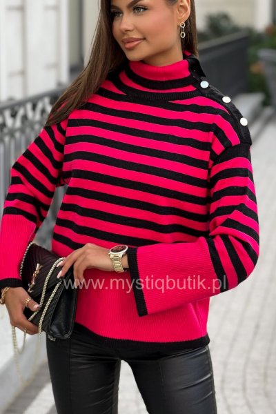 Sweter/Golf w pasy + złote guziczki - pink/black