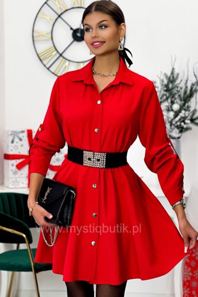 Sukienka MERY z paskiem materiałowym - czerwona