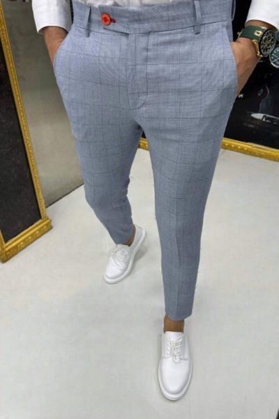 Spodnie męskie materiałowe w kratę H22 BŁĘKITNE