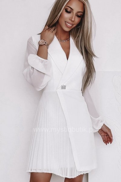 Sukienka z plisowaniem Exclusive - szyfonowy rękaw - biała