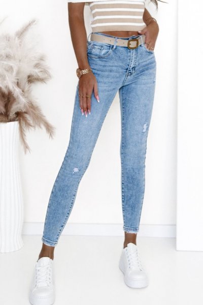 Spodnie jeansowe Skinny + beżowy pasek - blue