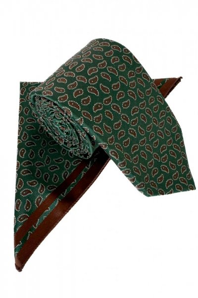 Krawat męski + poszetka we wzory - zieleń/brąz