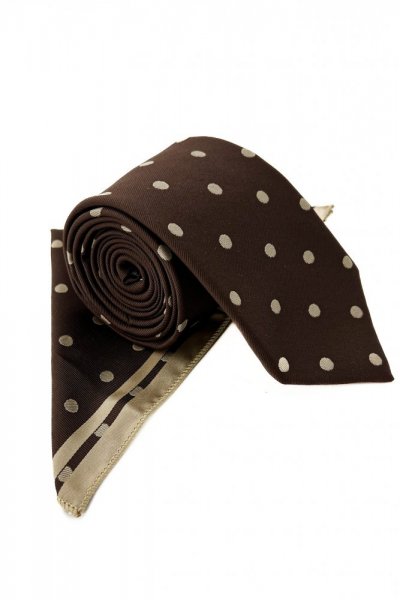 Krawat męski + poszetka w grochy - brąz/beż