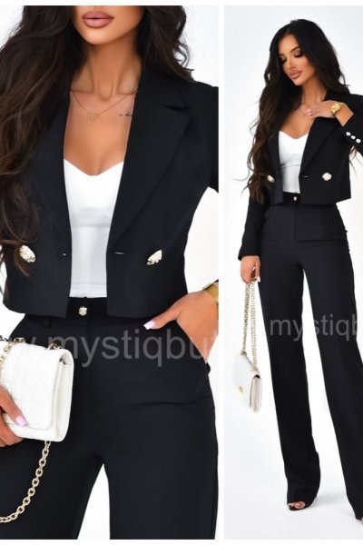 Garnitur SAONA z krótką marynarką ze złotymi guzikami - czarny