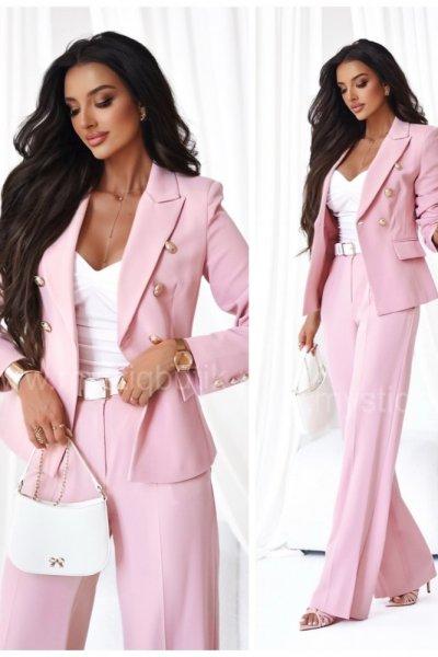 Garnitur damski z marynarką a la Balmain i szerokimi spodniami ( CF 1 ) - pudrowy