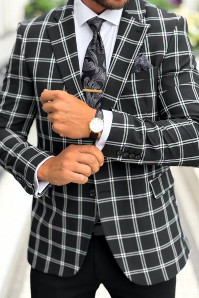 Marynarka męska w kratę H60 czarna w białą kratę