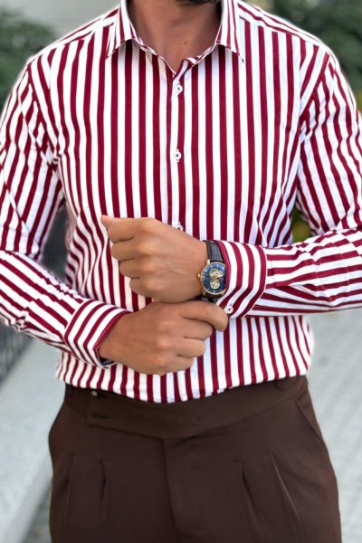 Koszula męska w prążek H11 Biało bordowa