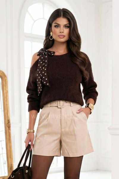 Sweter z apaszką w groszki - czekoladowy