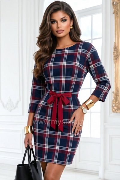 Sukienka dzianinowa TOTS w kratę - granat/czerwień