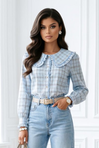 Koszula bawełniana z kołnierzykiem Baby Doll w kratę - błękitna