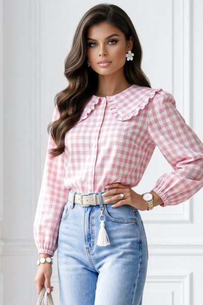Koszula w kratę z kołnierzem w stylu Baby Doll - pudrowy róż