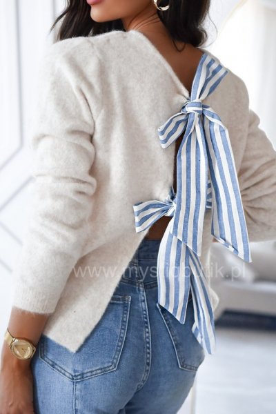 Sweter z kokardkami w paski - beżowy