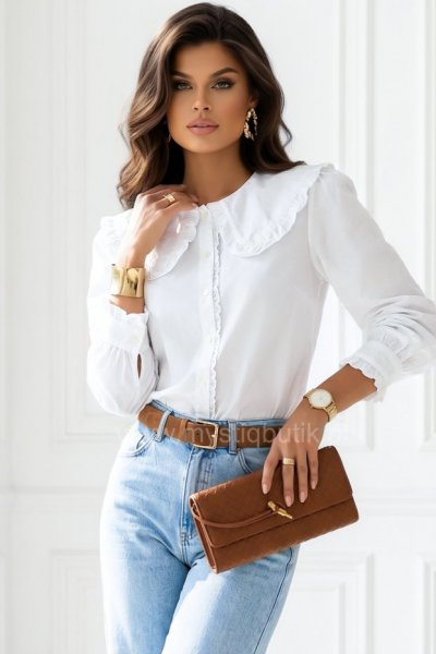 Koszula gładka z kołnierzem w stylu Baby Doll - biała