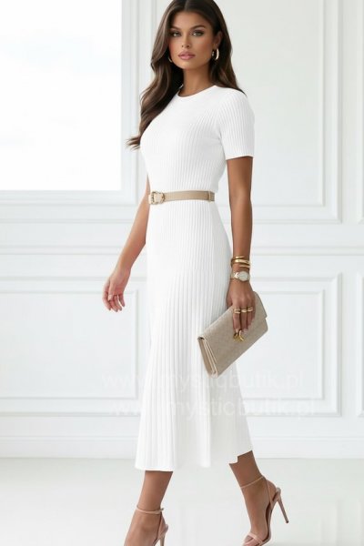 Sukienka dzianinowa plisowana MIDI AGNES - ecru
