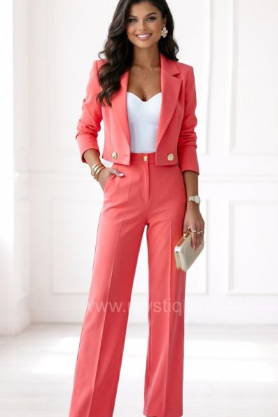 Garnitur SAONA 2 z krótką marynarką ze złotymi guzikami - koralowy