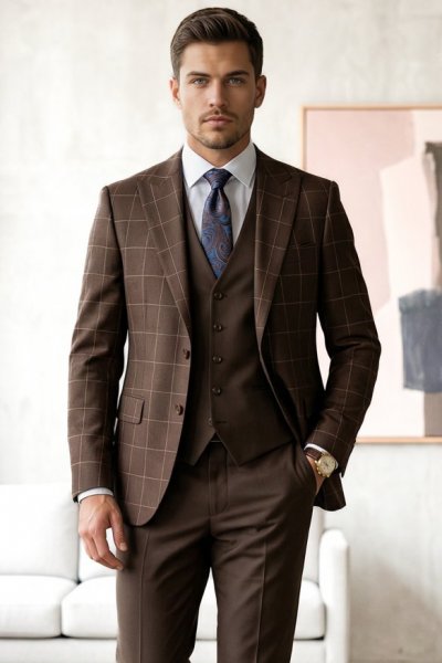 Garnitur męski trzyczęściowy H114 brąz