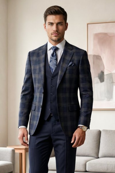 Garnitur męski trzyczęściowy H112 granat