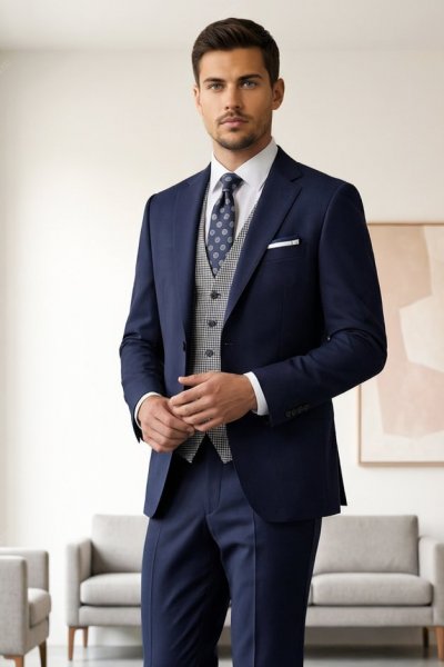 Garnitur męski trzyczęściowy H129 granatowy