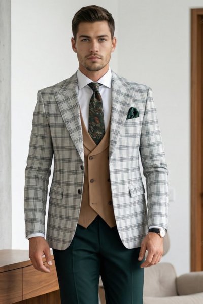 Garnitur męski trzyczęściowy w kratę ecru - zieleń H97 LIMITED EDITION