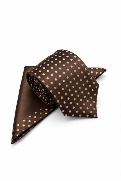 Krawat męski w beżowe kropki + poszetka - brąz