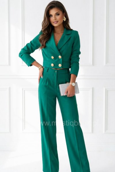 Garnitur z krótką marynarką ze złotymi guzikami + spodnie Palazzo SAMOS - zielony