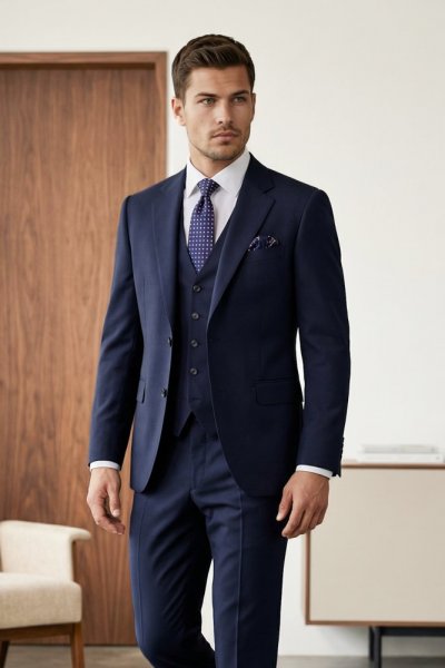 Garnitur męski trzyczesciowy granat