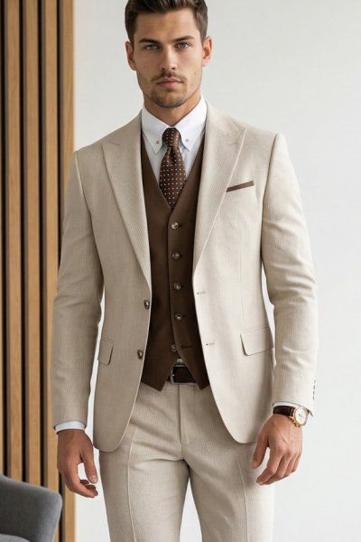 Garnitur męski trzyczęściowy z czekoladową kamizelką 128 beżowy