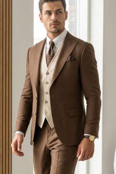 Garnitur męski trzyczęściowy H129 latte