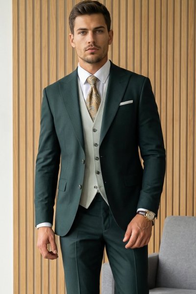 Garnitur męski trzyczęściowy H128 butelkowa zieleń