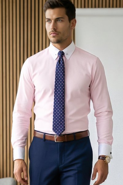 Koszula męska maklerka z kołnierzem na szpilkę - pudrowa