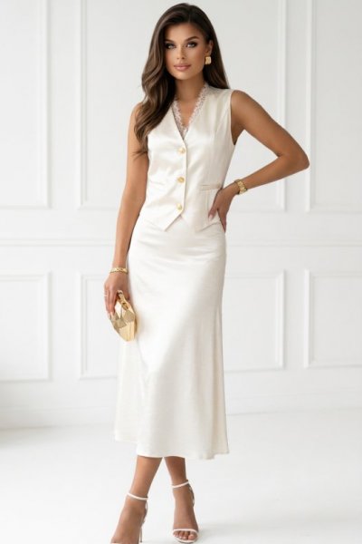 Komplet satynowa spódnica + kamizelka AURORA - ecru