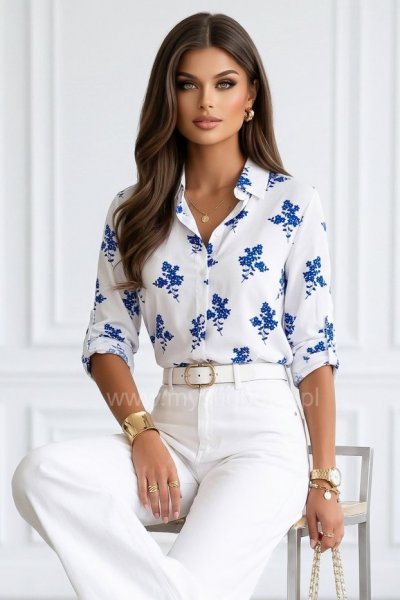 Koszula damska z wiskozy w niebieskie kwiaty ANGIE - biała