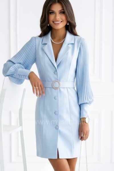 Sukienka MELANIA z szyfonowym plisowanym rękawem - błękitna
