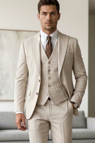 Garnitur męski trzyczęściowy H129 beżowy
