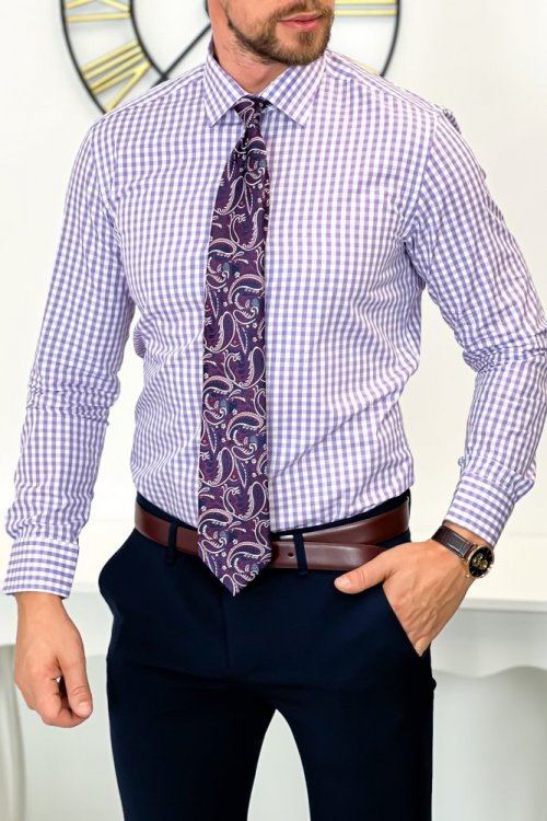 Koszula męska w fioletową kratę H09