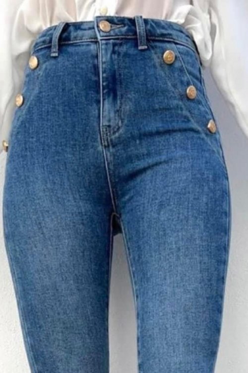 Spodnie jeansowe skinny ze złotymi guzikami - blue